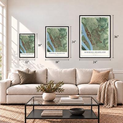 Marshall-Shadeland, Pennsylvania map in 12 x 18, 18 x 24 and 24 x 36 inch sizes above a sofa
