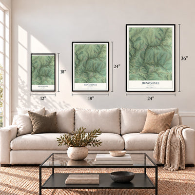Menominee, Illinois map in 12 x 18, 18 x 24 and 24 x 36 inch sizes above a sofa