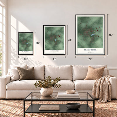 Blanchester, Ohio map in 12 x 18, 18 x 24 and 24 x 36 inch sizes above a sofa