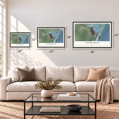 Corpus Christi, Texas map in 12 x 18, 18 x 24 and 24 x 36 inch sizes above a sofa