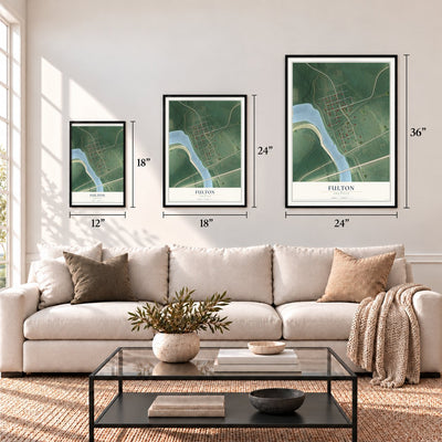 Fulton, Arkansas map in 12 x 18, 18 x 24 and 24 x 36 inch sizes above a sofa