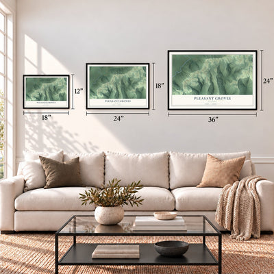Pleasant Groves, Alabama map in 12 x 18, 18 x 24 and 24 x 36 inch sizes above a sofa