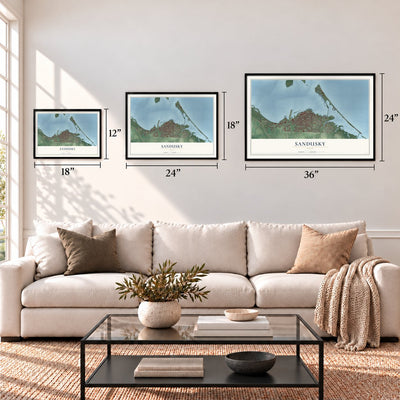 Sandusky, Ohio map in 12 x 18, 18 x 24 and 24 x 36 inch sizes above a sofa