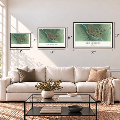 West Middlesex, Pennsylvania map in 12 x 18, 18 x 24 and 24 x 36 inch sizes above a sofa