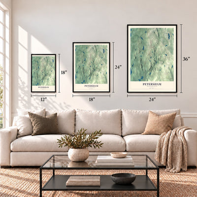 Petersham, Massachusetts map in 12 x 18, 18 x 24 and 24 x 36 inch sizes above a sofa