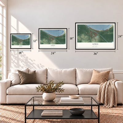 Lewes, Delaware map in 12 x 18, 18 x 24 and 24 x 36 inch sizes above a sofa