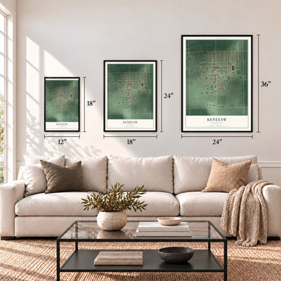 Kenesaw, Nebraska map in 12 x 18, 18 x 24 and 24 x 36 inch sizes above a sofa