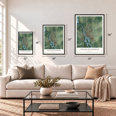 Village of Potsdam, New York map in 12 x 18, 18 x 24 and 24 x 36 inch sizes above a sofa