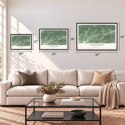 Charlestown, Pennsylvania map in 12 x 18, 18 x 24 and 24 x 36 inch sizes above a sofa