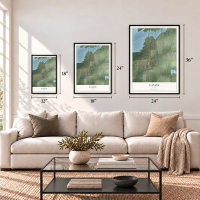 Lavon, Texas map in 12 x 18, 18 x 24 and 24 x 36 inch sizes above a sofa