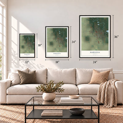 Marianna, Arkansas map in 12 x 18, 18 x 24 and 24 x 36 inch sizes above a sofa