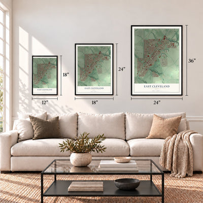 East Cleveland, Ohio map in 12 x 18, 18 x 24 and 24 x 36 inch sizes above a sofa