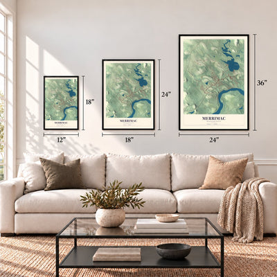 Merrimac, Massachusetts map in 12 x 18, 18 x 24 and 24 x 36 inch sizes above a sofa