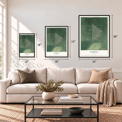 Ramona, Kansas map in 12 x 18, 18 x 24 and 24 x 36 inch sizes above a sofa