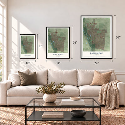 Park Ridge, Illinois map in 12 x 18, 18 x 24 and 24 x 36 inch sizes above a sofa