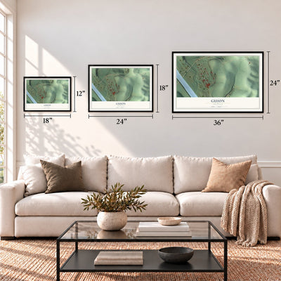 Guion, Arkansas map in 12 x 18, 18 x 24 and 24 x 36 inch sizes above a sofa