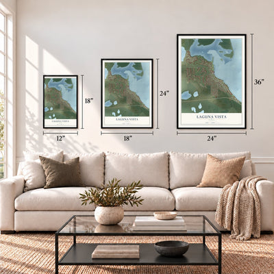 Laguna Vista, Texas map in 12 x 18, 18 x 24 and 24 x 36 inch sizes above a sofa