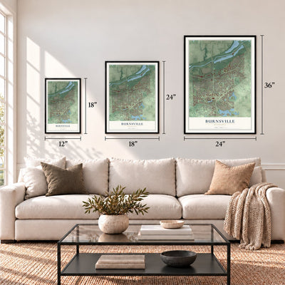 Burnsville, Minnesota map in 12 x 18, 18 x 24 and 24 x 36 inch sizes above a sofa