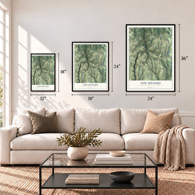 New Milford, Susquehanna County, Pennsylvania map in 12 x 18, 18 x 24 and 24 x 36 inch sizes above a sofa