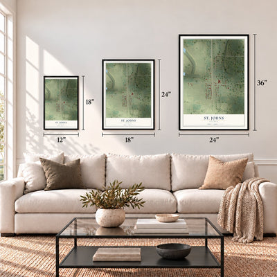 St. Johns, Illinois map in 12 x 18, 18 x 24 and 24 x 36 inch sizes above a sofa