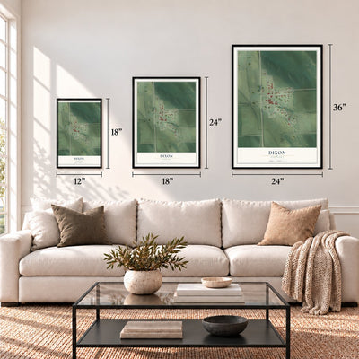 Dixon, Nebraska map in 12 x 18, 18 x 24 and 24 x 36 inch sizes above a sofa