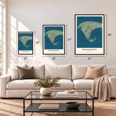 Provincetown, Massachusetts map in 12 x 18, 18 x 24 and 24 x 36 inch sizes above a sofa