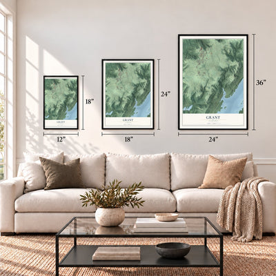 Grant, Alabama map in 12 x 18, 18 x 24 and 24 x 36 inch sizes above a sofa