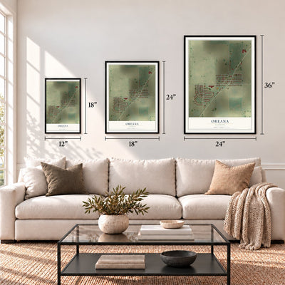 Oreana, Illinois map in 12 x 18, 18 x 24 and 24 x 36 inch sizes above a sofa