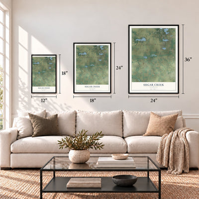 Sugar Creek, Wisconsin map in 12 x 18, 18 x 24 and 24 x 36 inch sizes above a sofa