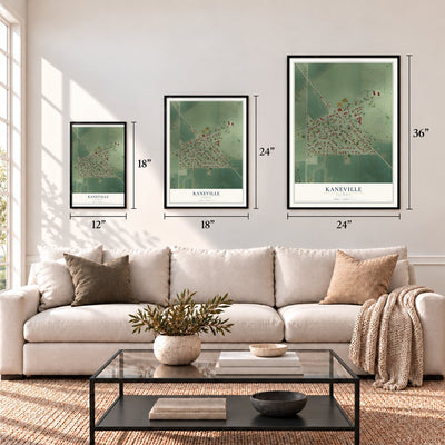 Kaneville, Illinois map in 12 x 18, 18 x 24 and 24 x 36 inch sizes above a sofa