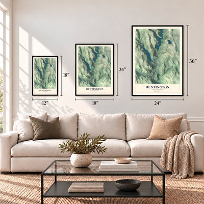 Huntington, Massachusetts map in 12 x 18, 18 x 24 and 24 x 36 inch sizes above a sofa