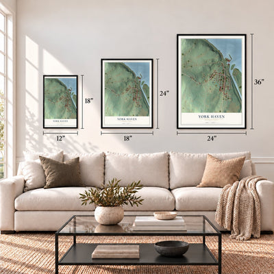 York Haven, Pennsylvania map in 12 x 18, 18 x 24 and 24 x 36 inch sizes above a sofa