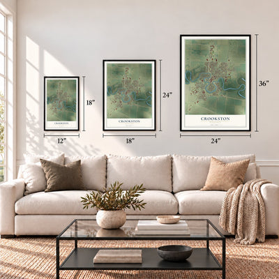Crookston, Minnesota map in 12 x 18, 18 x 24 and 24 x 36 inch sizes above a sofa