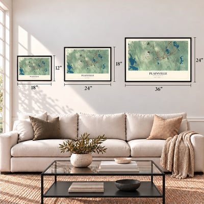 Plainville, Massachusetts map in 12 x 18, 18 x 24 and 24 x 36 inch sizes above a sofa