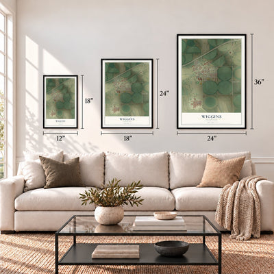 Wiggins, Colorado map in 12 x 18, 18 x 24 and 24 x 36 inch sizes above a sofa