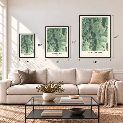 Huntington, Vermont map in 12 x 18, 18 x 24 and 24 x 36 inch sizes above a sofa