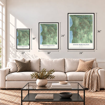 South Burlington, Vermont map in 12 x 18, 18 x 24 and 24 x 36 inch sizes above a sofa