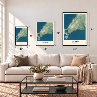 Chilmark, Massachusetts map in 12 x 18, 18 x 24 and 24 x 36 inch sizes above a sofa