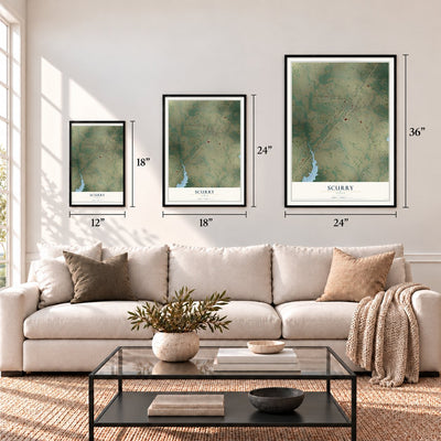 Scurry, Texas map in 12 x 18, 18 x 24 and 24 x 36 inch sizes above a sofa