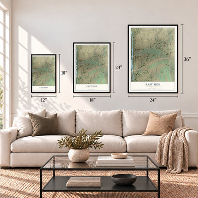 East Side, Pennsylvania map in 12 x 18, 18 x 24 and 24 x 36 inch sizes above a sofa