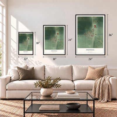 Dunnell, Minnesota map in 12 x 18, 18 x 24 and 24 x 36 inch sizes above a sofa