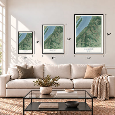 Glenview, Kentucky map in 12 x 18, 18 x 24 and 24 x 36 inch sizes above a sofa