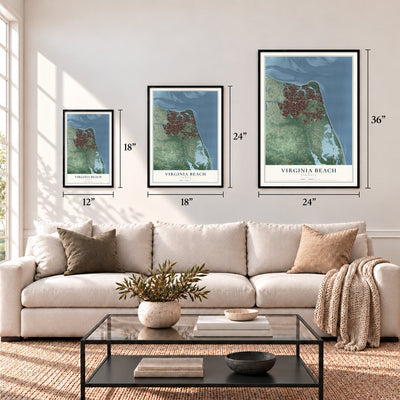 Virginia Beach, Virginia map in 12 x 18, 18 x 24 and 24 x 36 inch sizes above a sofa