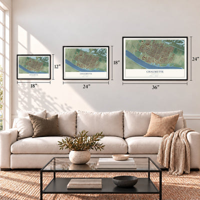 Chalmette, Louisiana map in 12 x 18, 18 x 24 and 24 x 36 inch sizes above a sofa