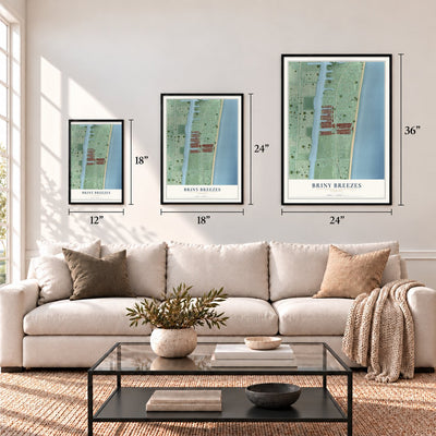 Briny Breezes, Florida map in 12 x 18, 18 x 24 and 24 x 36 inch sizes above a sofa