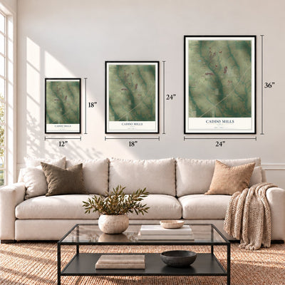 Caddo Mills, Texas map in 12 x 18, 18 x 24 and 24 x 36 inch sizes above a sofa