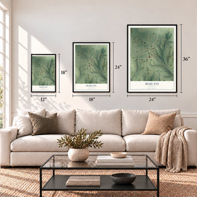 Blue Eye, Arkansas map in 12 x 18, 18 x 24 and 24 x 36 inch sizes above a sofa