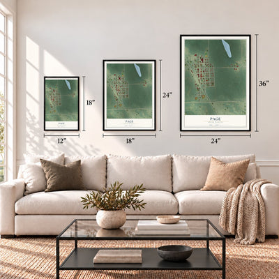 Page, North Dakota map in 12 x 18, 18 x 24 and 24 x 36 inch sizes above a sofa