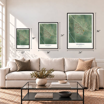 Unadilla, Nebraska map in 12 x 18, 18 x 24 and 24 x 36 inch sizes above a sofa