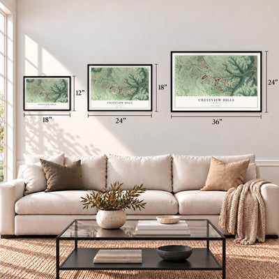 Crestview Hills, Kentucky map in 12 x 18, 18 x 24 and 24 x 36 inch sizes above a sofa
